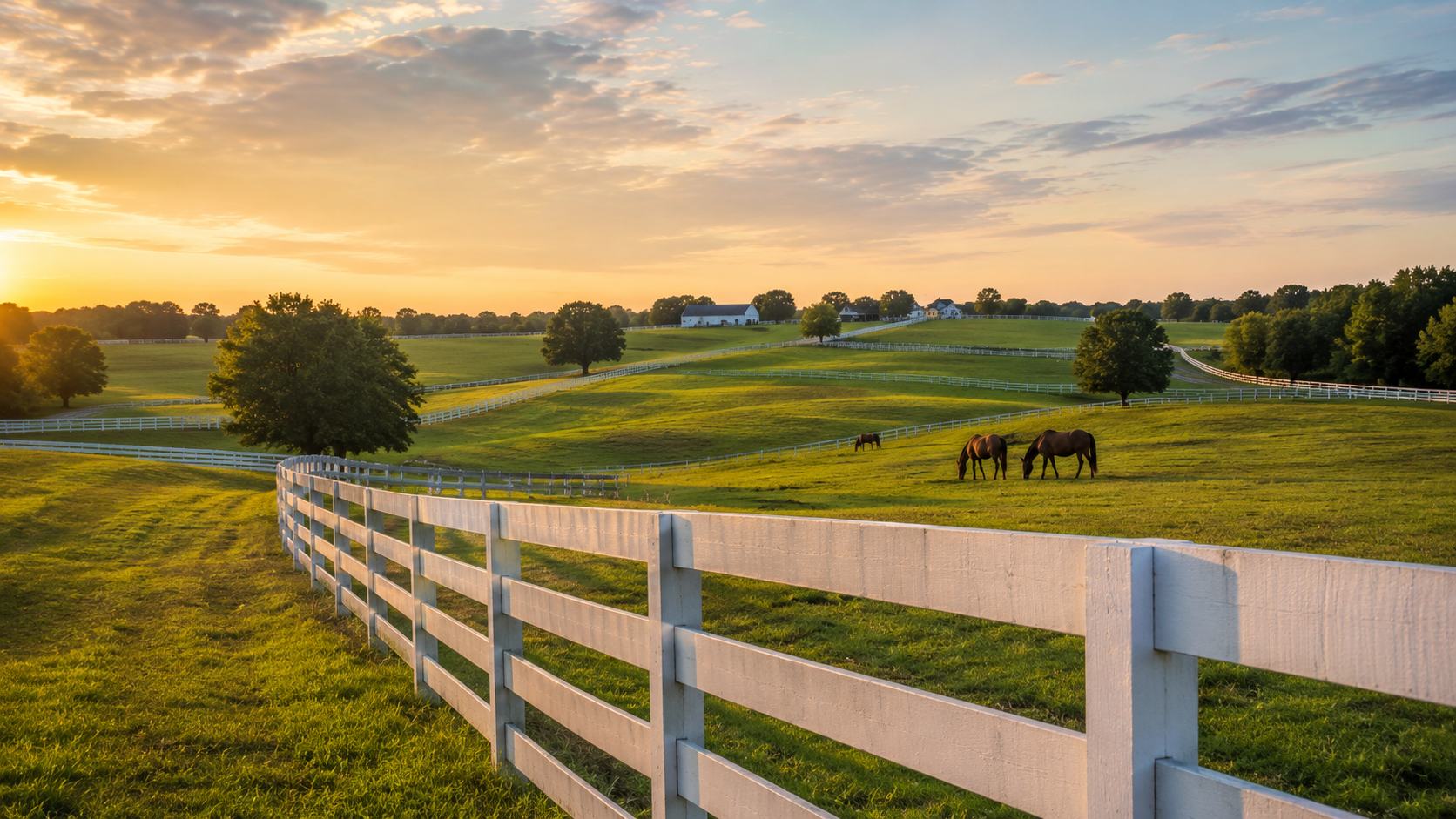 A wide-angle landscape of rolling green bluegrass pastures with a classic white horse fence in Kentucky during a bright afternoon.